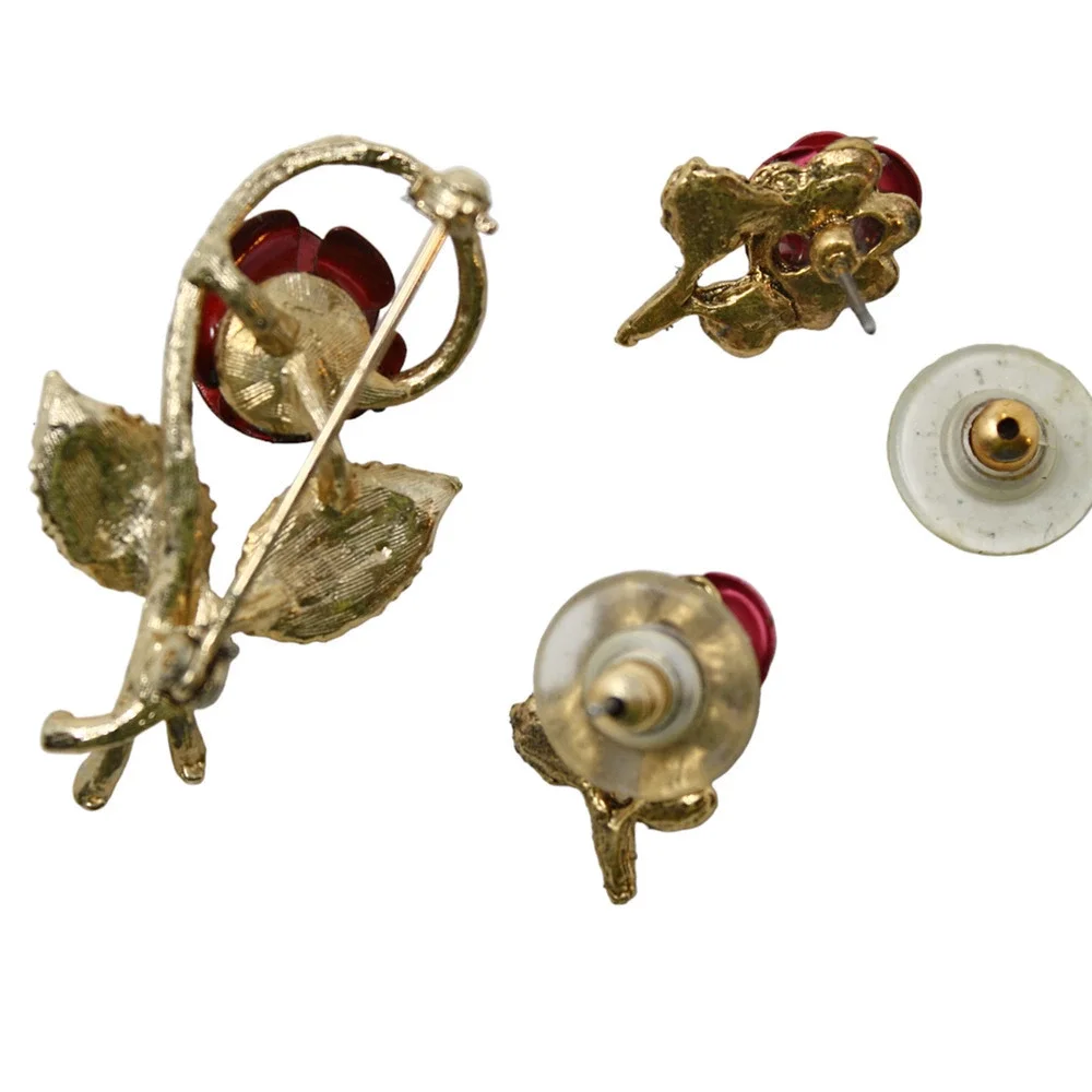 Vintage Matching Red Enameled Rose Pin and Earring Set in Original Box - Hey Viv